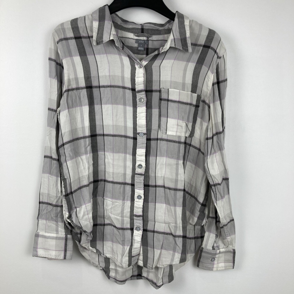 Aerie Womens S/P Button Down Long Sleeve Lightweight Gray Lilac Plaid Shirt